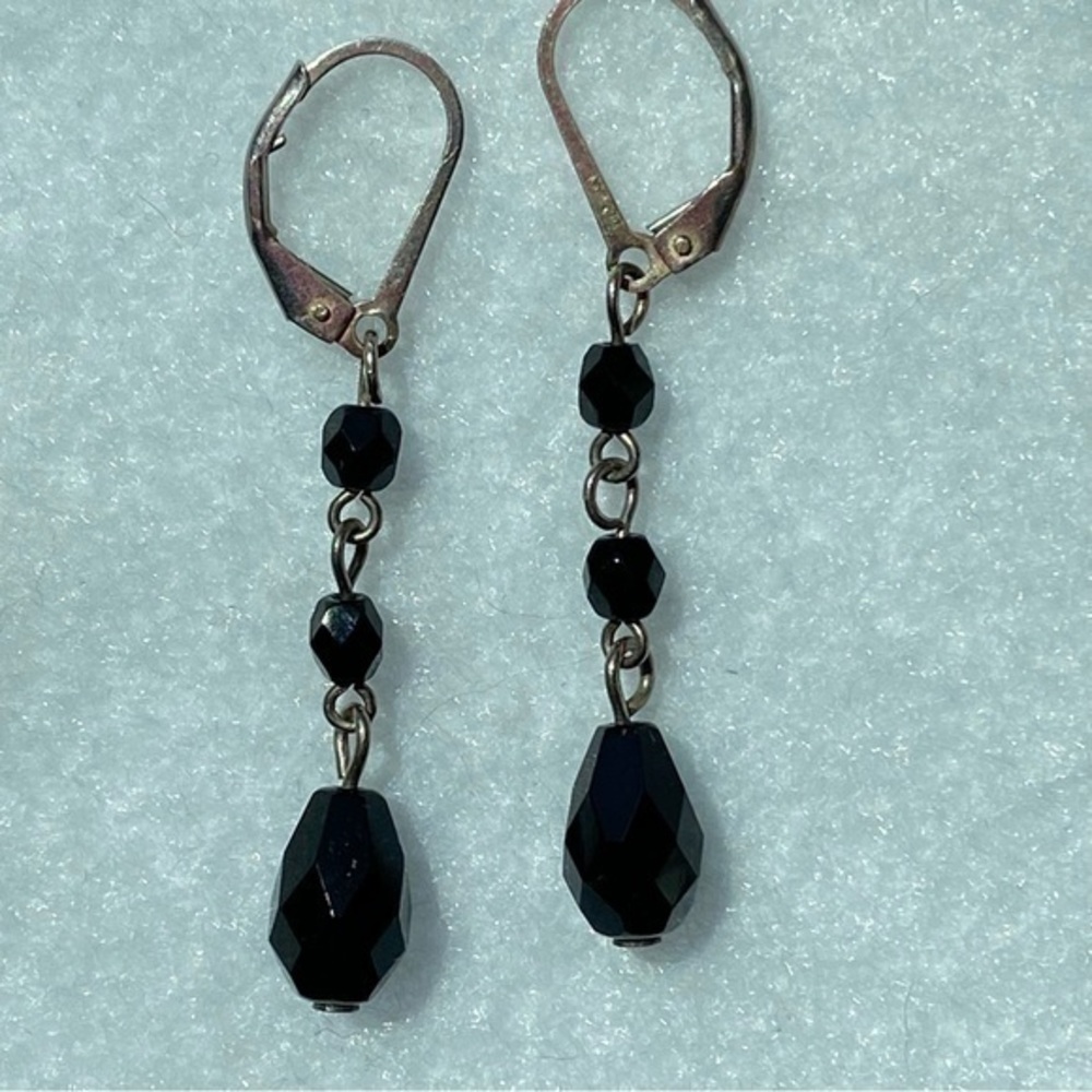 Hand Crafted 925 Sterling Silver Black Crystal Beaded Drop Earrings NEW